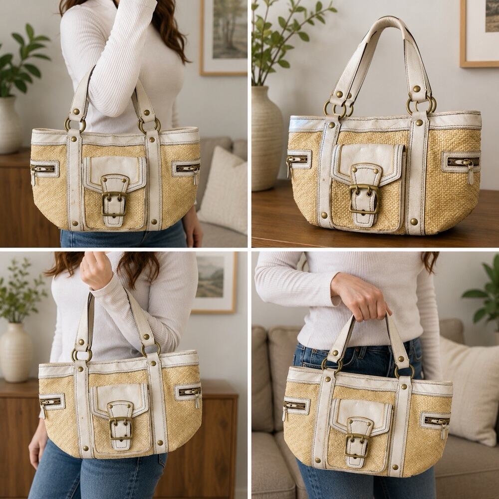 Coach Legacy 113 Straw Tote Bag White Leather Brass Buckle Y2K Vintage 2005